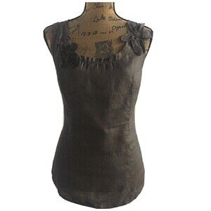 Madison Hill Linen‎ Top S Mocha Brown Tank Floral Applique Solid Washable CUTE